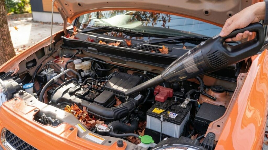 車のエンジンルームに入った落ち葉を掃除機で吸い出している様子