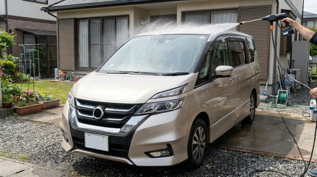 高圧洗浄機を使って洗車している様子