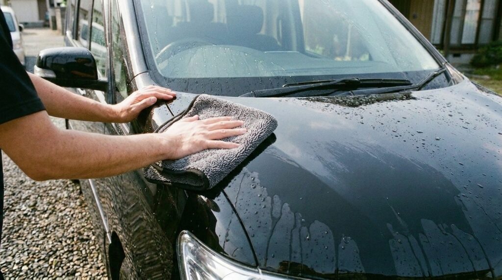 洗車後の車体をマイクロファイバークロスで拭き上げている様子