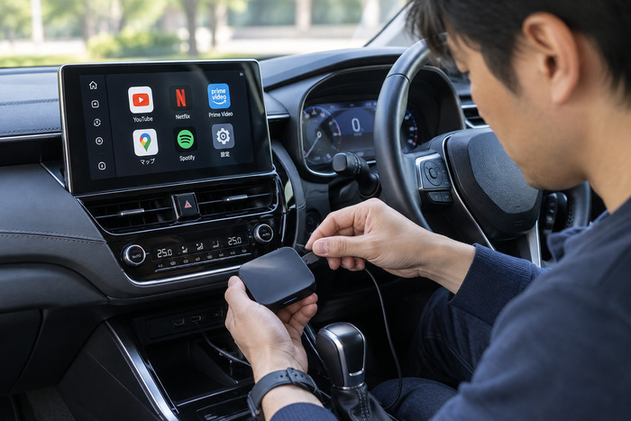 車内でAI Boxを接続する男性