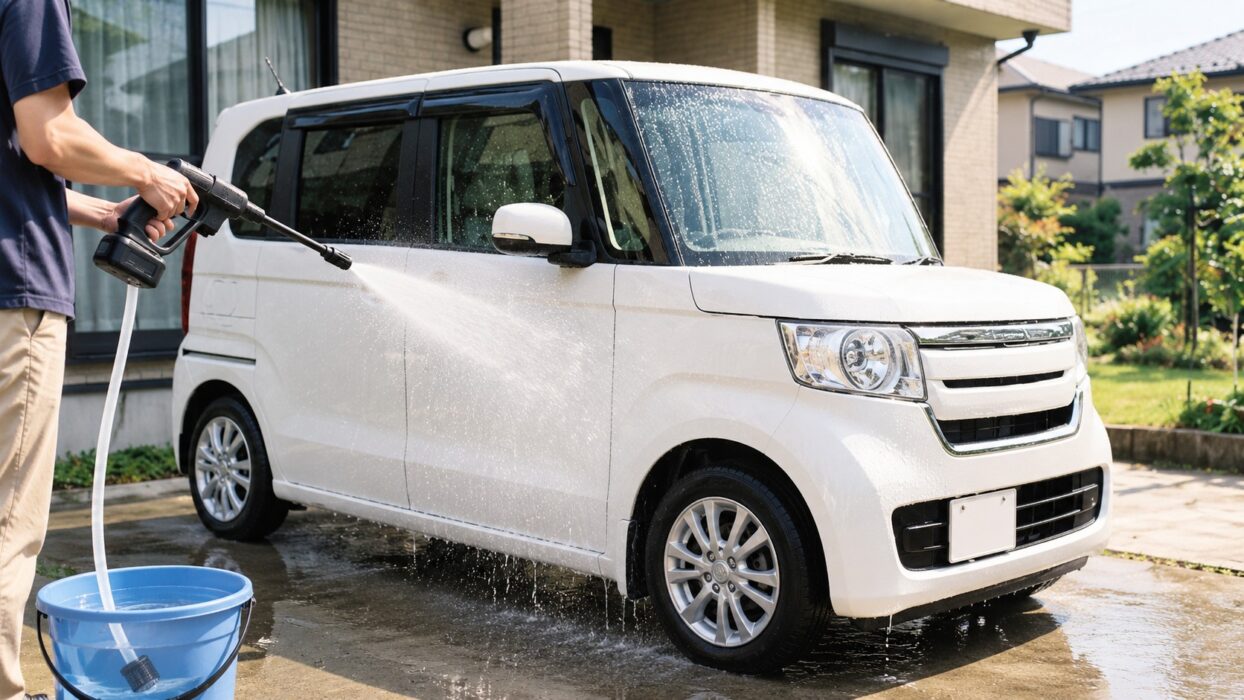 コードレス高圧洗浄機を使って洗車している様子